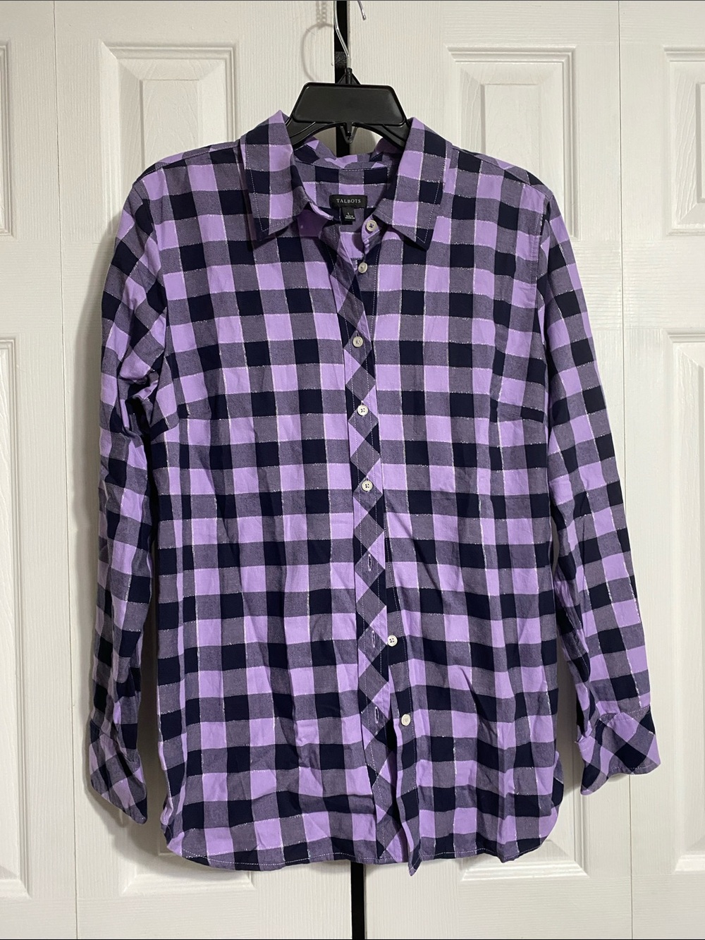 PRETTY Talbots purple & black plaid flannel cotton shirt blouse top size LARGE